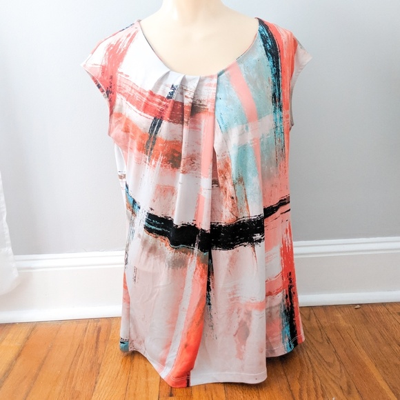 Worthington Tops - Worthington Cap Sleeve Paint Patterned Blouse Worthington Tops - Worthington Cap Sleeve Paint Patterned Blouse